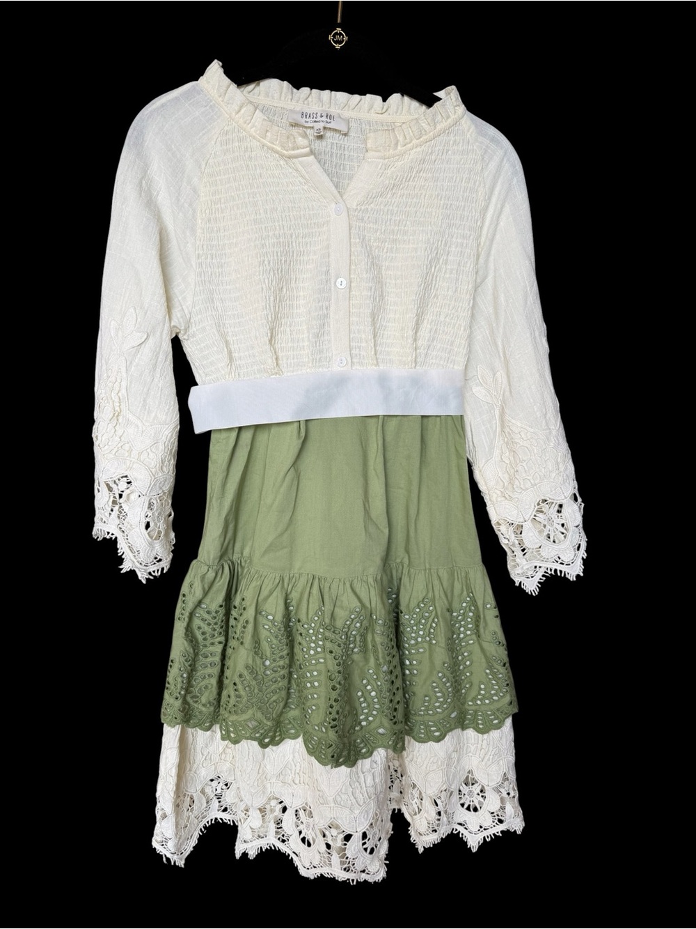 Boho Ivory and Olive Green Tiered Eyelet  Dress